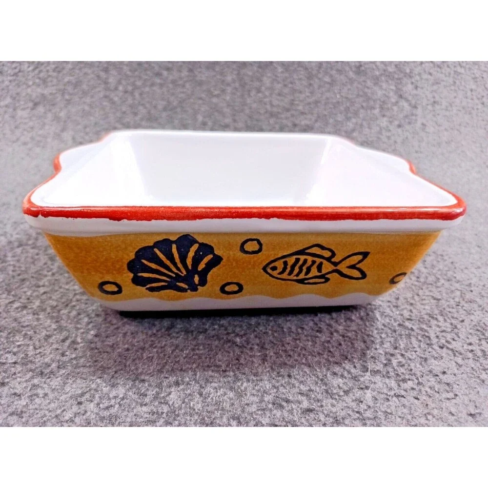 Painted Ceramic Casserole Square Dish Made in Italy Fish Nautical Beach NEW